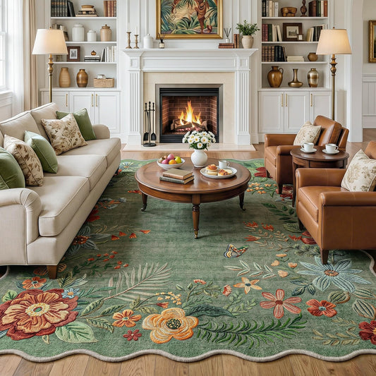 FMFUNCTEX 6x9 Floral Washable Area Rug Sage Green Neutral Vintage Flower Botanical Cottage Boho Distressed Scalloped Soft Non Slip Low Pile Large Indoor Carpet for Living Dining Room Bedroom Nursery
