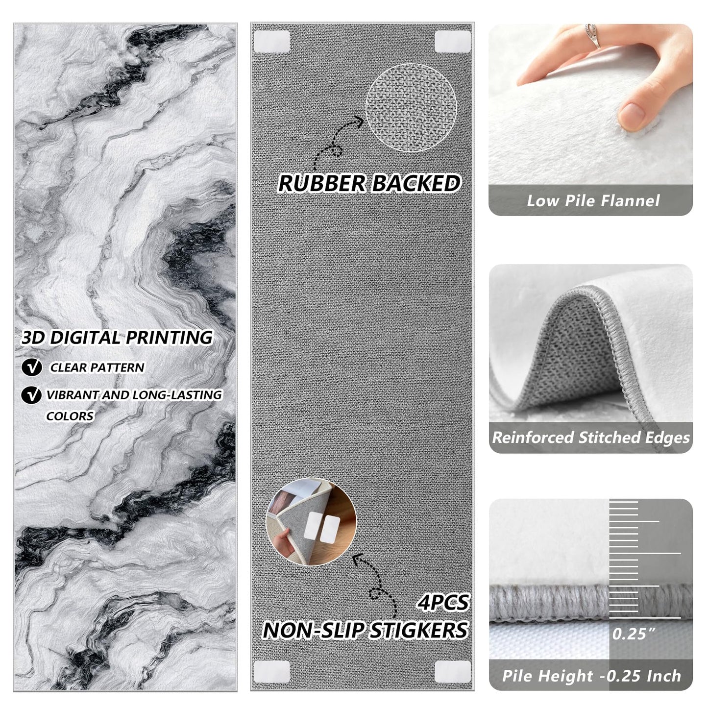 Marble Swirl Runner Rug Non Slip, Minimalist Gray White Carpet Runners for Hallway 2x8 ft, Modern Abstract Marble Throw Rugs Washable Kitchen Rug Floor Mat Rugs for Bathroom Laundry Room Entryway