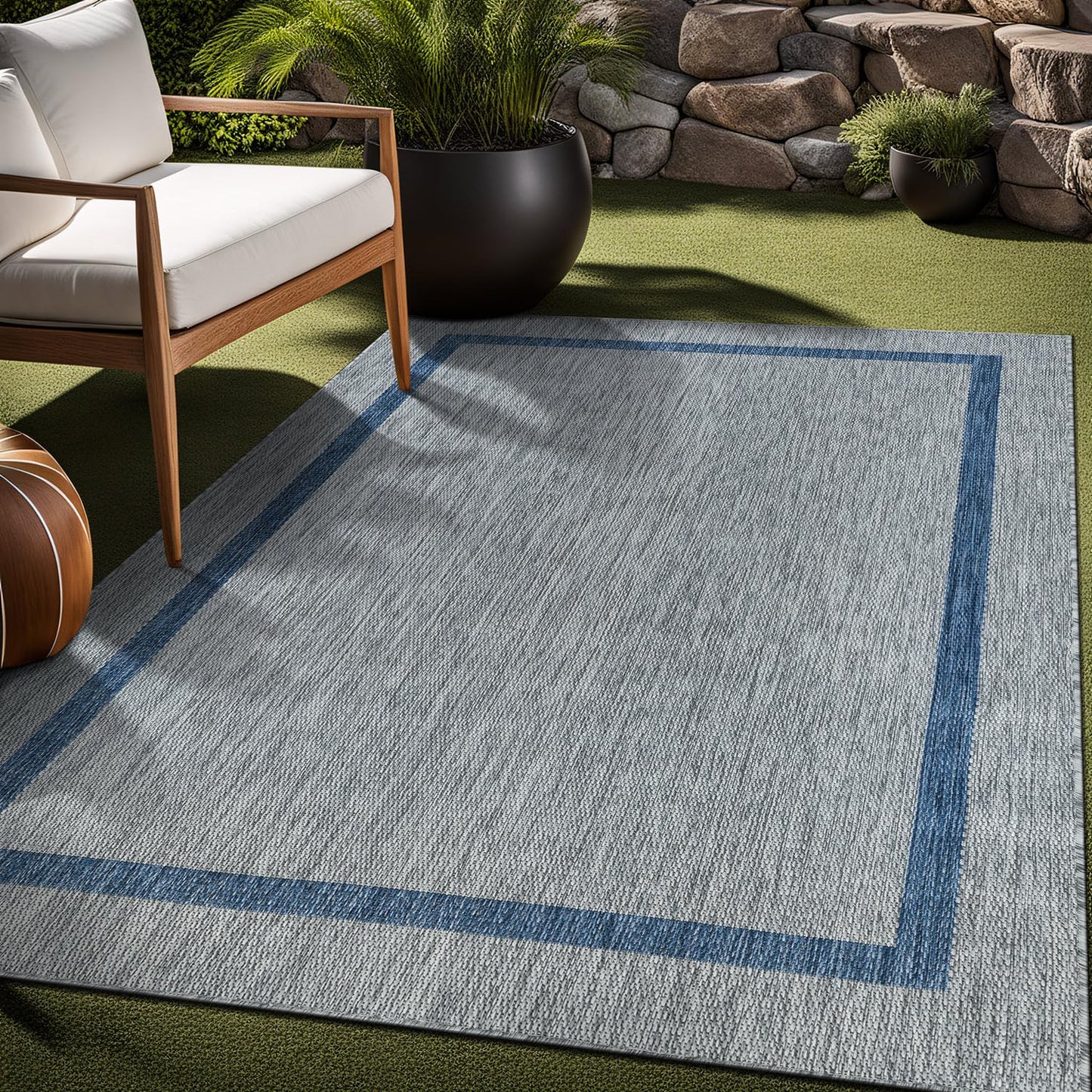 Luul Home Bordered Outdoor Rug 8x10 Washable Outside Carpet for Indoor Patio Porch Waterproof Easy Cleaning Non Shedding Area Rugs Silver Gray - Blue 8 x 10