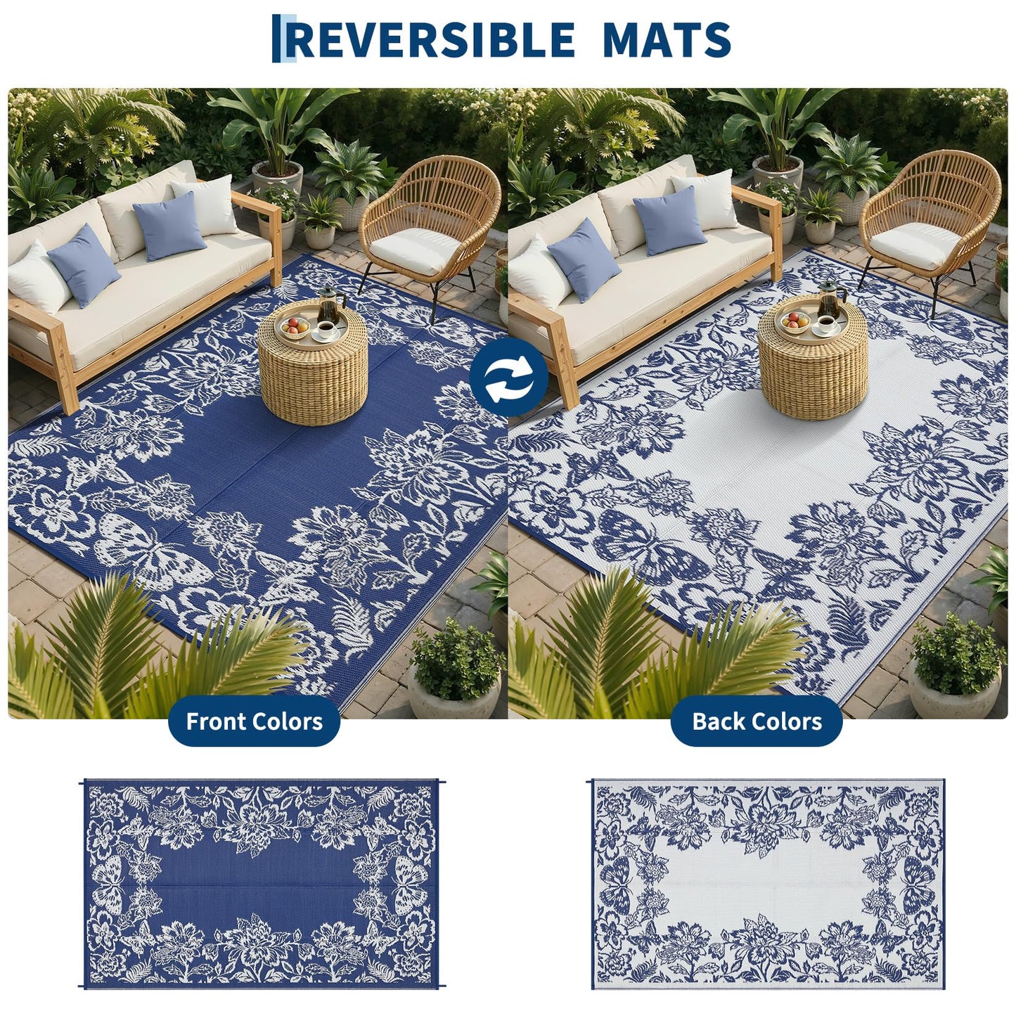 GarveeHome Outdoor Rug 9x18 Patio Waterproof, Reversible Plastic Straw Rugs for Camping, Picnic, Balcony, Porch, RV, Easy-Clean & Quick Dry Floral Pattern Large Indoor Outdoor Carpet, Dark Blue