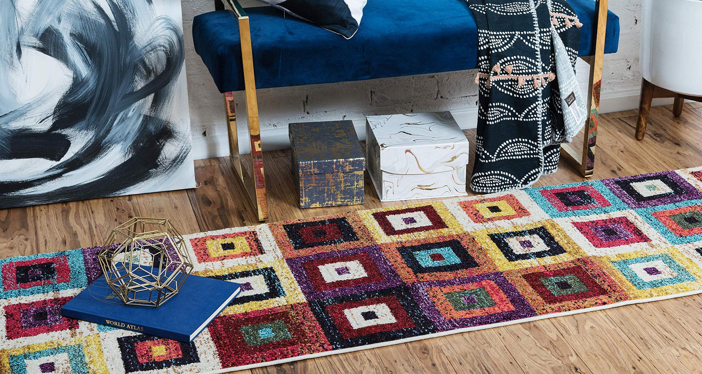 Unique Loom Estrella Collection Colorful, Geometric, Squares Modern, Abstract Area Rug (2' 2 x 6' 7 Runner, Multi/Beige)