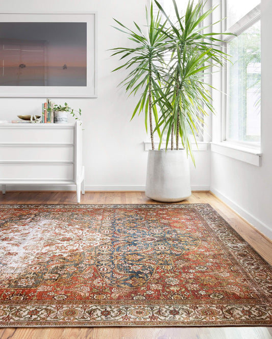 Loloi Layla Collection LAY-05 Ocean/Multi 7'-6" x 9'-6" .13" Thick Area Rug, Soft, Durable, Vintage Inspired, Distressed, Low Pile, Non-Shedding, Easy Clean, Printed, Living Room Rug