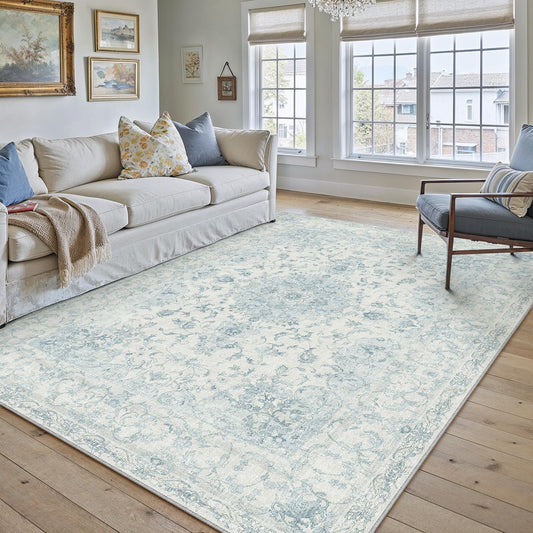 HUGEAR Area Rug 5x7 Vintage Blue Machine Washable Living Room Rugs Thin Neutral Floral Vacuumable Low Pile Carpet Bedroom Office Dining Room Laundry Room Non Slip Soft Lightweight