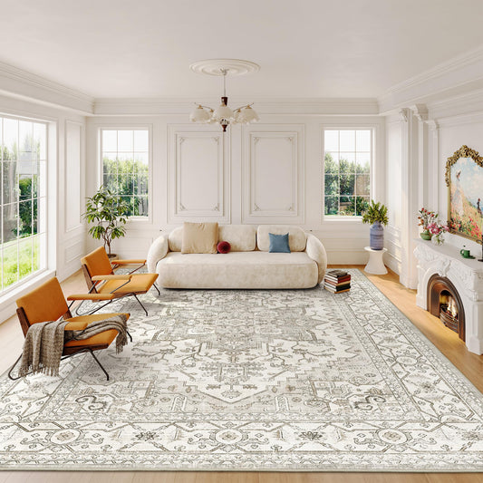 befbee 8x10 Area Rugs for Living Room, Stain Resistant Neutral Washable Rugs for Dining Room, Vintage Non-Slip Thin Large Size Beige Area Rug, Printed Vintage Home Decor Rug（Beige）