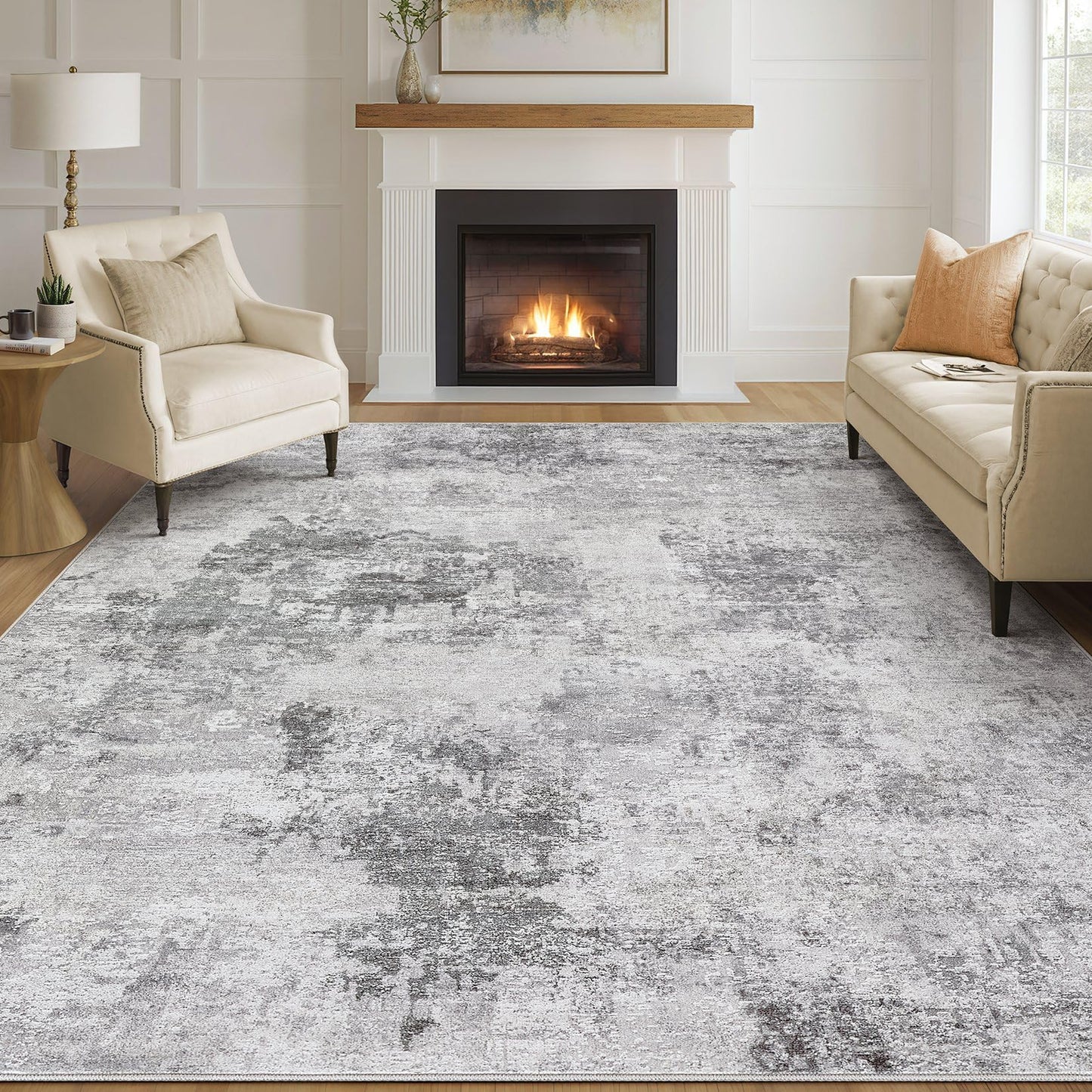 Tortania Washable 10x14 Area Rug for Living Room: Modern Abstract Neutral Large Soft Thin Rugs - Non Slip Indoor Carpet for Bedroom Dining Room Office Nursery Home Floor Decoration - Smoky Gray