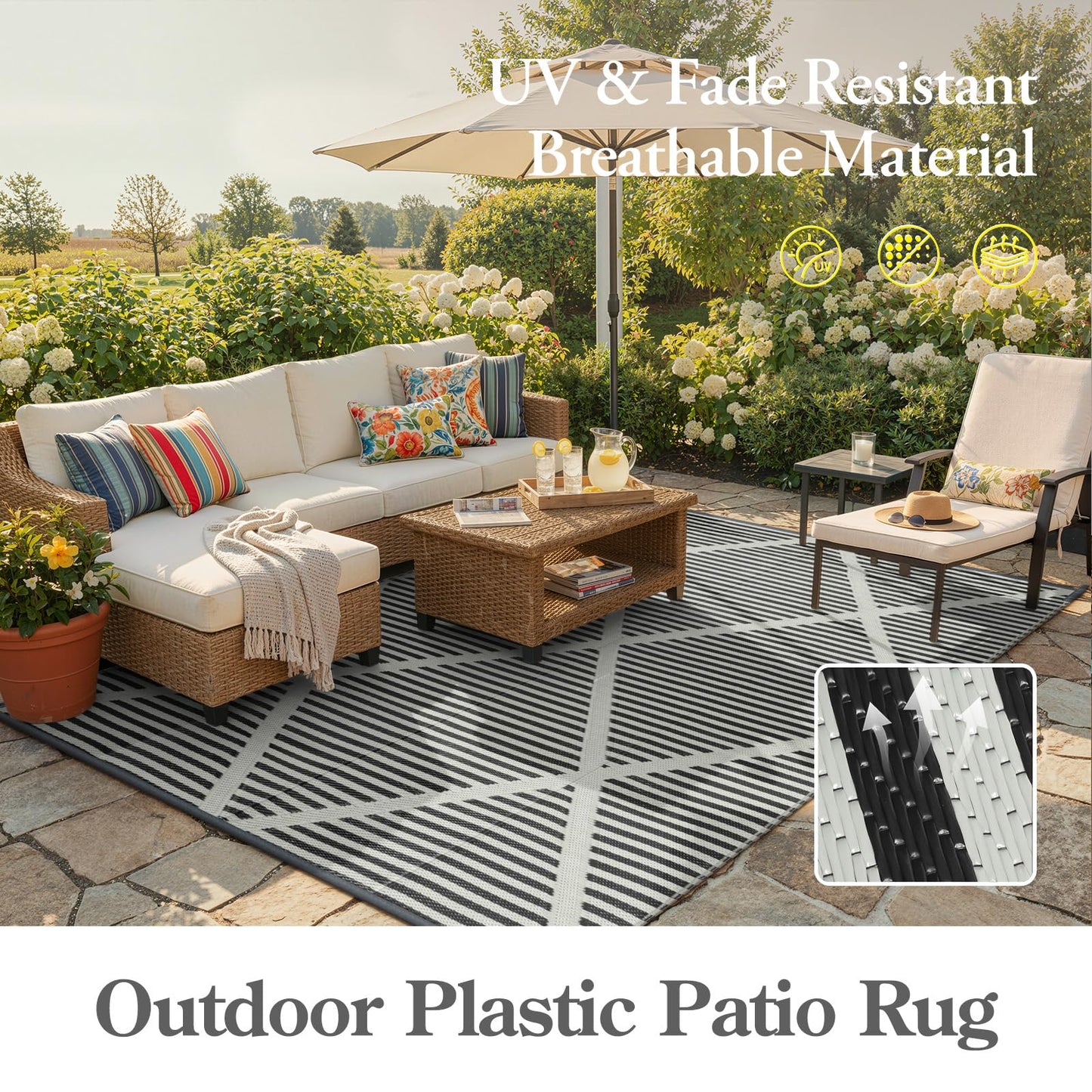 Wonnitar Outdoor Rug 6x9, Waterproof Reversible Plastic Straw Rug for Patio, Foldable Camping Mat with Carry Bag for RV, UV-Resistant Outside Rug for Deck, Balcony, Beach, Black & Grey