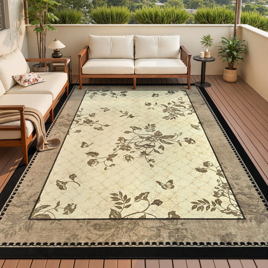 FALARK Easy Jute Area Rugs for Living Room, 5x7 French Country Ivory Butterfly Floral Thin Washable Rug, Non Slip Backing Indoor Outdoor Carpet for Bedroom Kitchen Office Backyard Patio Balcony Decor