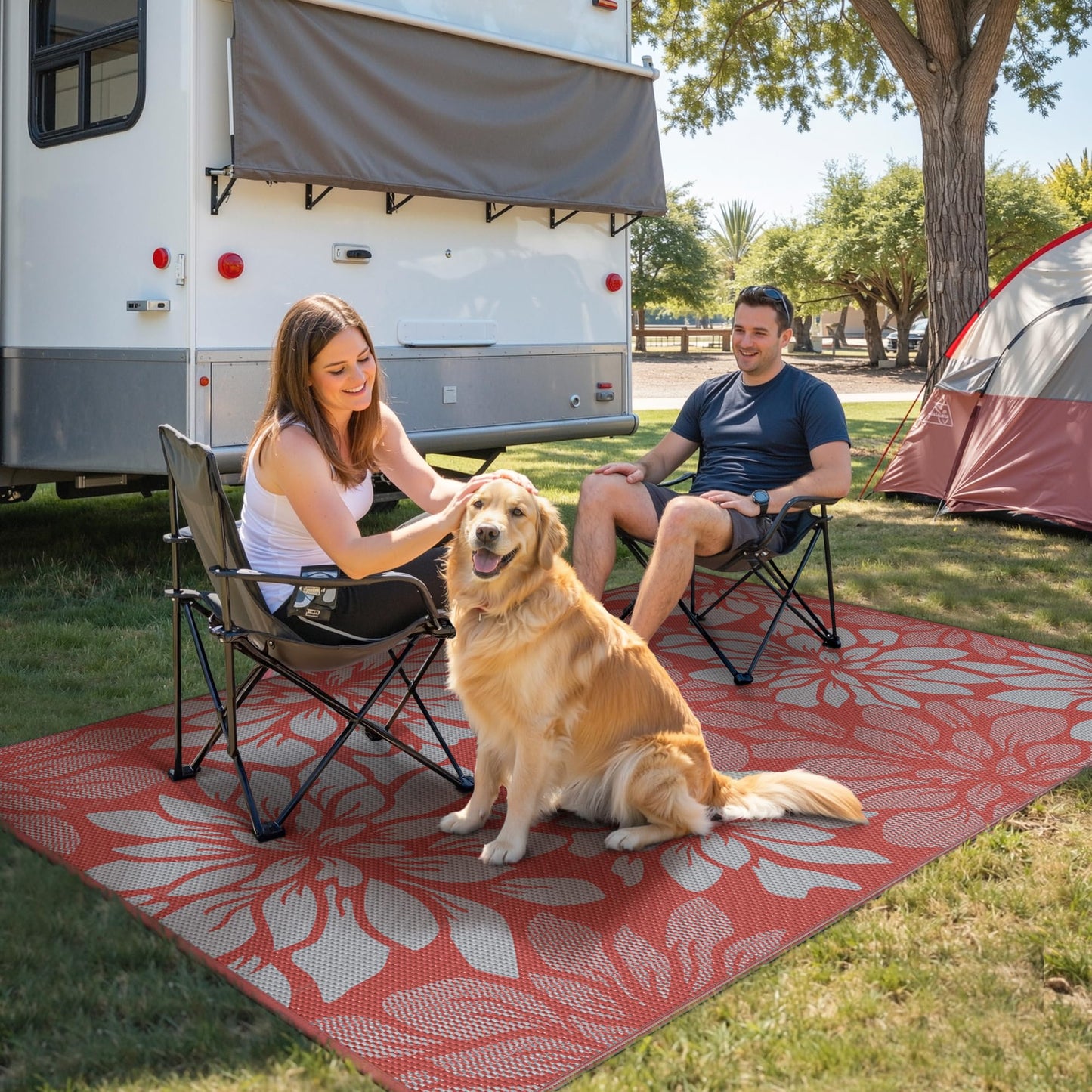 GENIMO Outdoor Rug Waterproof for Patio Decor, 9' x 12' Reversible Plastic Straw Floral Camping Carpet, Large Area Rugs Mats for RV, Camper, Deck, Balcony, Porch, Beach, Picnic, Red & Grey