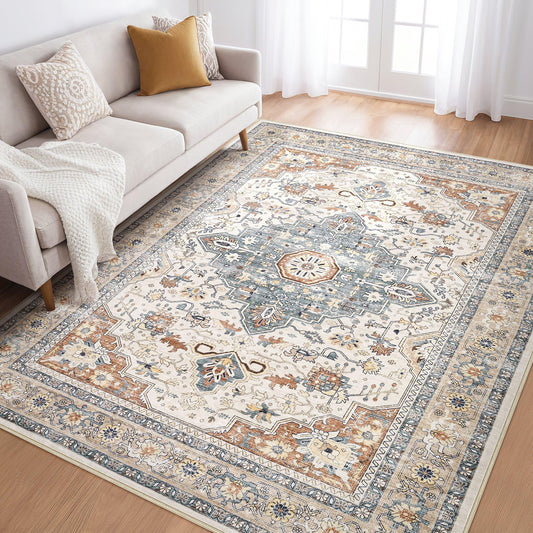 5x7 Area Rugs Living Room: Washable Boho Large Neutral Vintage Soft Rug Stain Resistant Distressed Farmhouse Non-Slip Indoor Floor Carpet for Bedroom Nursery Kids Office Dining Room- Beige Blue