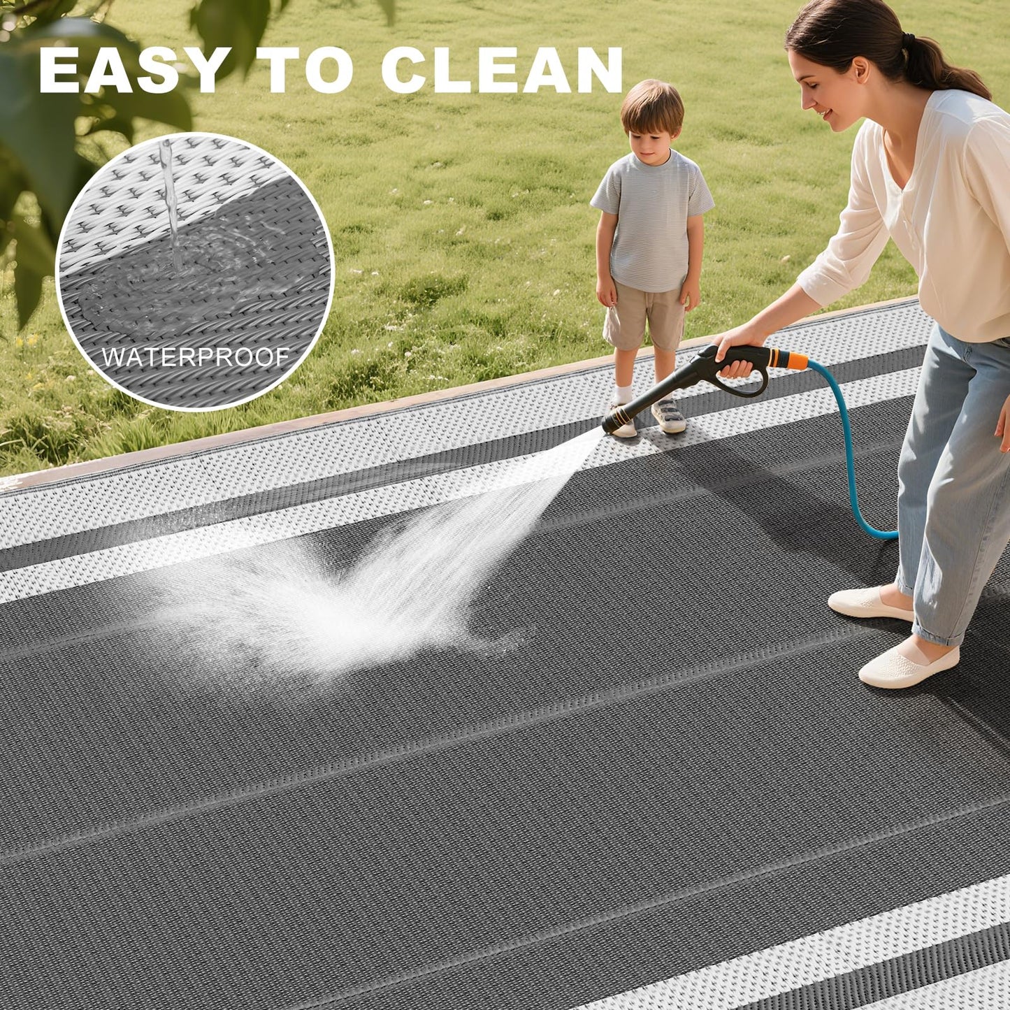 RURALITY Outdoor Rugs 5x8 Waterproof for Patios Clearance,Plastic Straw Mats for Backyard,Porch,Deck,Balcony,Grey&White