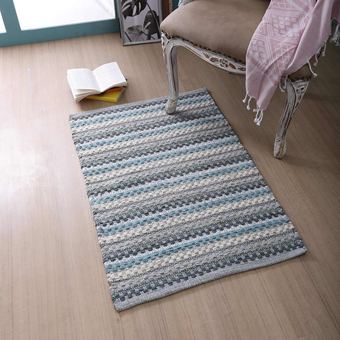 Cotton Chenille Hand Woven Area Rug 2x3 Feet - Aqua Combo, Reversible Quick Water Absorbent Accent Floor Rugs Ideal for Bathroom, Kitchen, Bedroom | Spa Blue Soft Washable Durable Mat for Home Décor