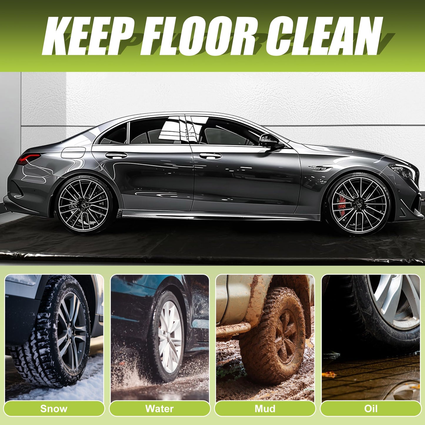 ChaoJin Rain Mat for Car, Black Garage Rubber Car Mat for Snow, Mud, Rain(7ft 9in x 16ft)