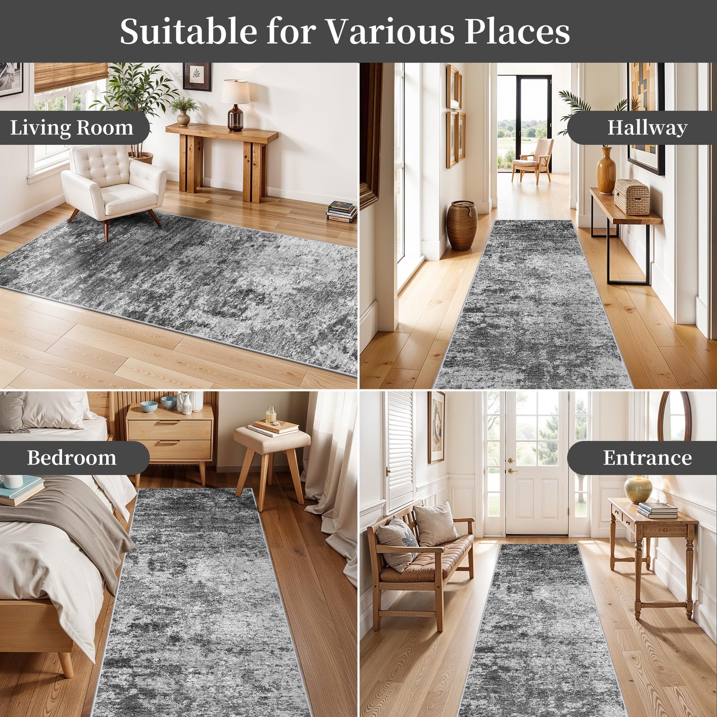 Washable Kitchen 2x10 Runner Rug: Non-Slip Low Pile Hallway Runner Modern Abstract 10ft Long Rugs for Entryway Living Room Soft Thin Stain Resistant Carpet for Bedroom Bathroom(Black/Grey/White, 2X10)