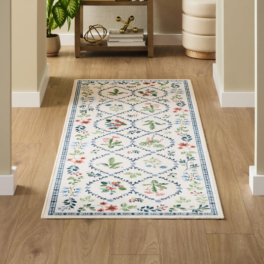 EVERWASH Haven Floral Trellis Machine Washable Area Rug with Airflo Technology for Easy Clean, Ultra-Soft Non-Slip Rug with Built-in Pad, Pet, Family & Allergy Friendly, Ivory, 2'6"x7'