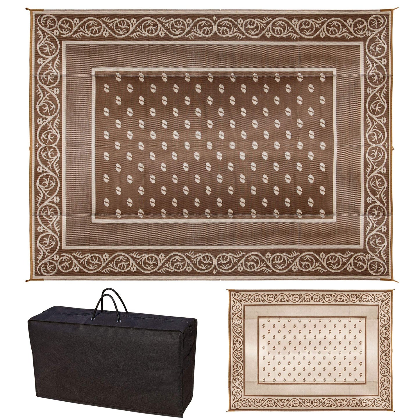 SAND MINE Reversible Mats, Plastic Straw Rug, Modern Area Rug, Large Floor Mat and Rug for Outdoors, RV, Patio, Backyard, Deck, Picnic, Beach, Trailer, Camping (9' x 12', Brown & White)
