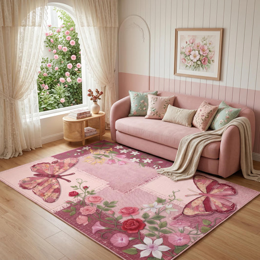 GraceSway 5x7 Area Rug - Vintage Pink Denim Patchwork Shabby Chic Butterflies Roses & Honeysuckle Floral Short Pile Rug, Washable & Non-Slip Backing, Living Room Bedroom Nursery