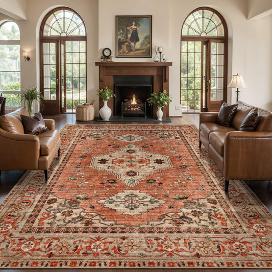 Tangsoo Boho Rug 5x7 Washable Area Rugs for Living Room, Oriental Vintage Indoor Non Slip Large Area Rug, Print Terracotta Carpet, Soft Low Pile Rug Foldable Floor Rugs for Bedroom Dining Room Dorm