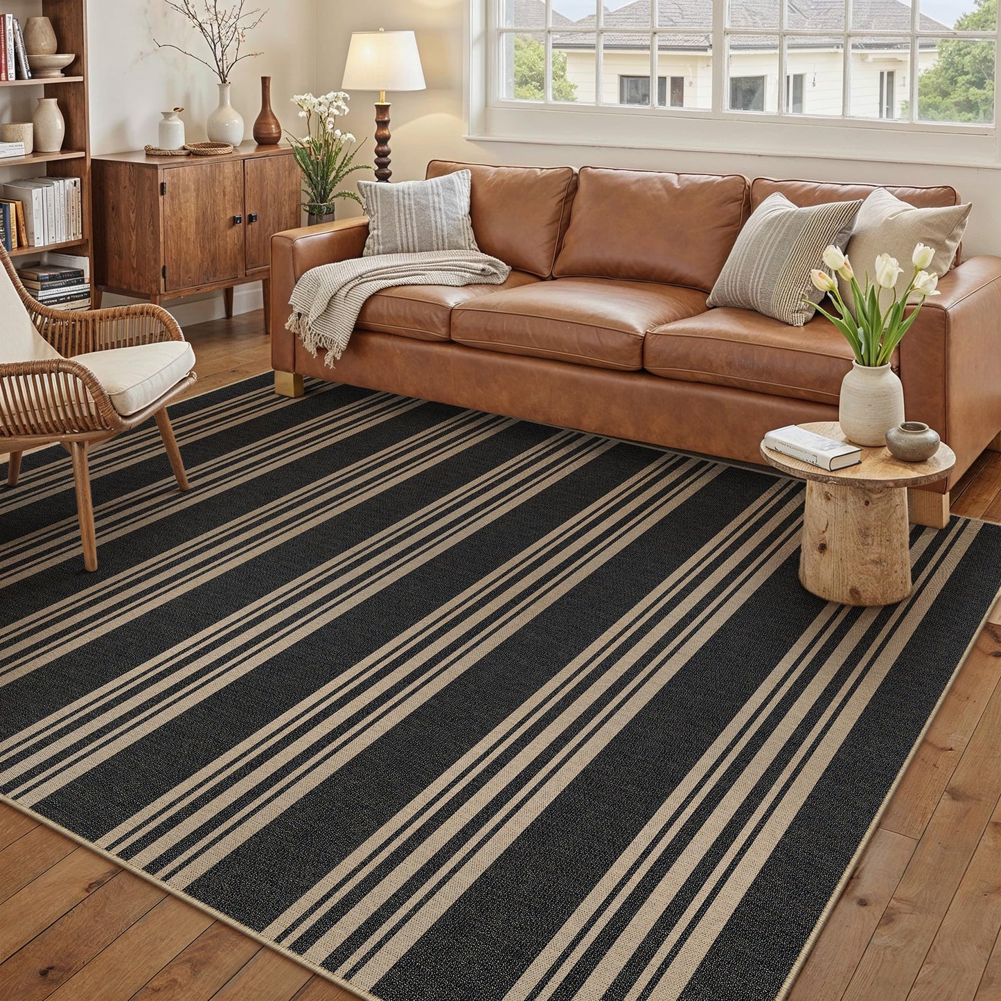 PureCozy Striped Easy Jute Rug 6x9 Black Living Room Carpet Washable Non Slip Bedroom Rug Farmhouse Neutral Non Shedding Indoor Outdoor Large Carpet for Dining Room Under Table Office