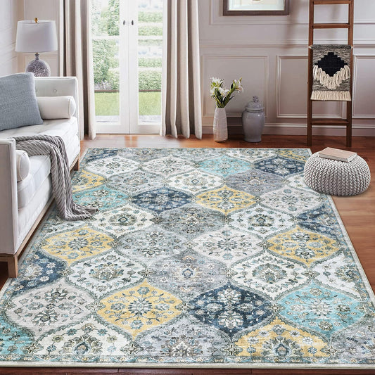 ROYHOME 8x10 Area Rug Moroccan Trellis Machine Washable Rug Vintage Medallion Distressed Indoor Accent Rug Stain Resistant Non-Slip Floor Cover Carpet for Living Room Bedroom, Blue/Yellow