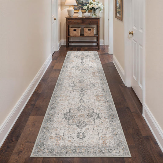 BESBLEE Runner Rug 2'6''x10, Non Slip Vintage Hallway Runner Rugs, Low Pile Lightweight Machine Washable Mat for Hallway, Entryway, Bedroom, Kitchen and Corridor, Light Taupe Brown