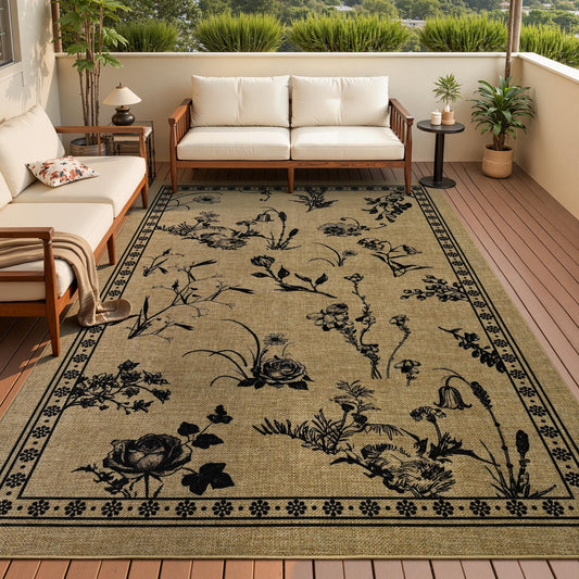 FALARK Easy Jute Area Rugs for Living Room, 5x7 Beige Botanical Sketch Thin Washable Rug, Non Slip Backing Indoor Outdoor Carpet for Bedroom Kitchen Office Backyard Patio Kids Room