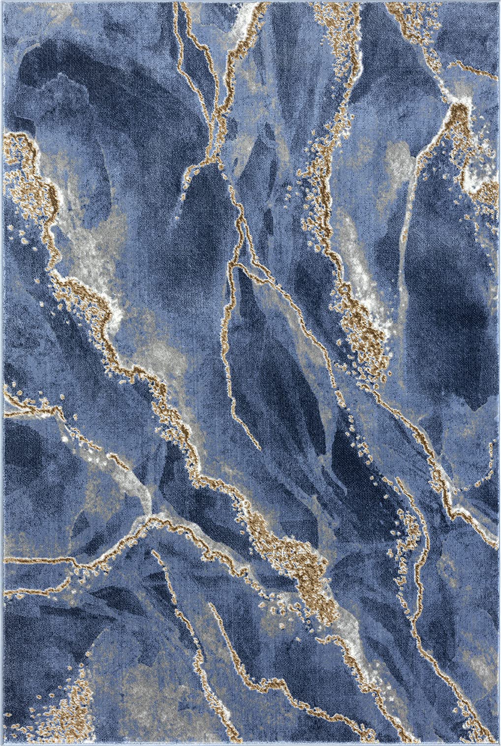 Abani Contemporary Blue & Metallic Gold 4' x 6' Area Rug, Non-Shed Modern Rugs Marble Print Dining Room Rug
