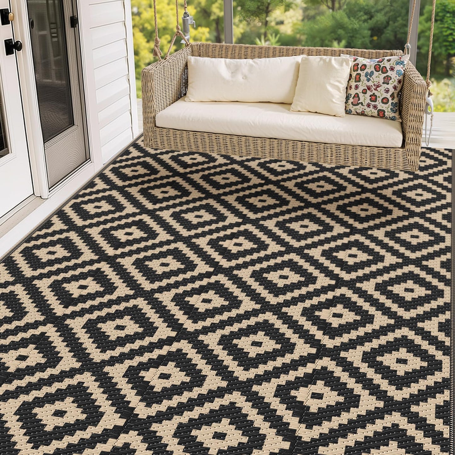 Mattitude Waterproof Outdoor Rug 5x8 Ft Outdoor Plastic Straw Rug Reversible Patio Rug Large Outdoor Carpet Area Rug for Patio Backyard Picnic Beach Camping RV Black & Beige