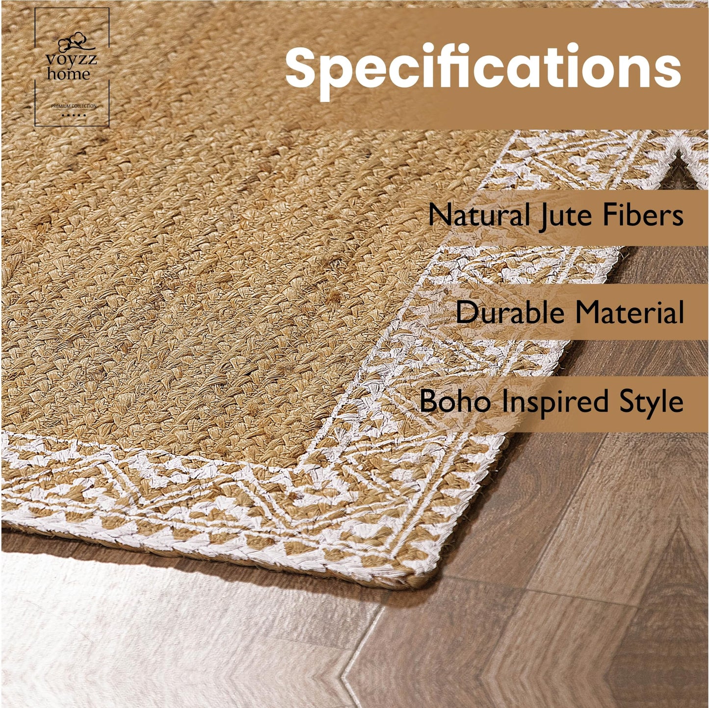 voyzz home 5X8 Feet-Rectangular, Premium Natural Jute Braided Area Rug, White Printed Border, Stain Resistance, Natural Brown, Handmade Rug for Entryways, Living Room, Dining Room, Bedroom, Farmhouse