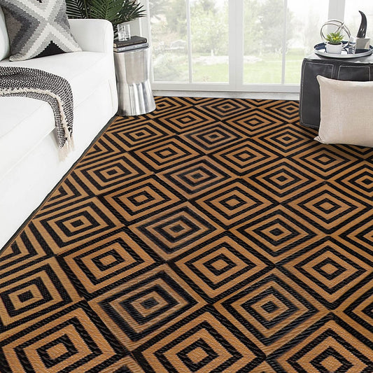 Ridota Reversible Mats, Outdoor Patio Rugs, Plastic Straw Rug, Modern Area Rug, Floor Mat for Outdoors, RV, Patio, Backyard, Deck, Picnic, Beach, Trailer, Camping (Diamond Black & Brown, 9' x 12')