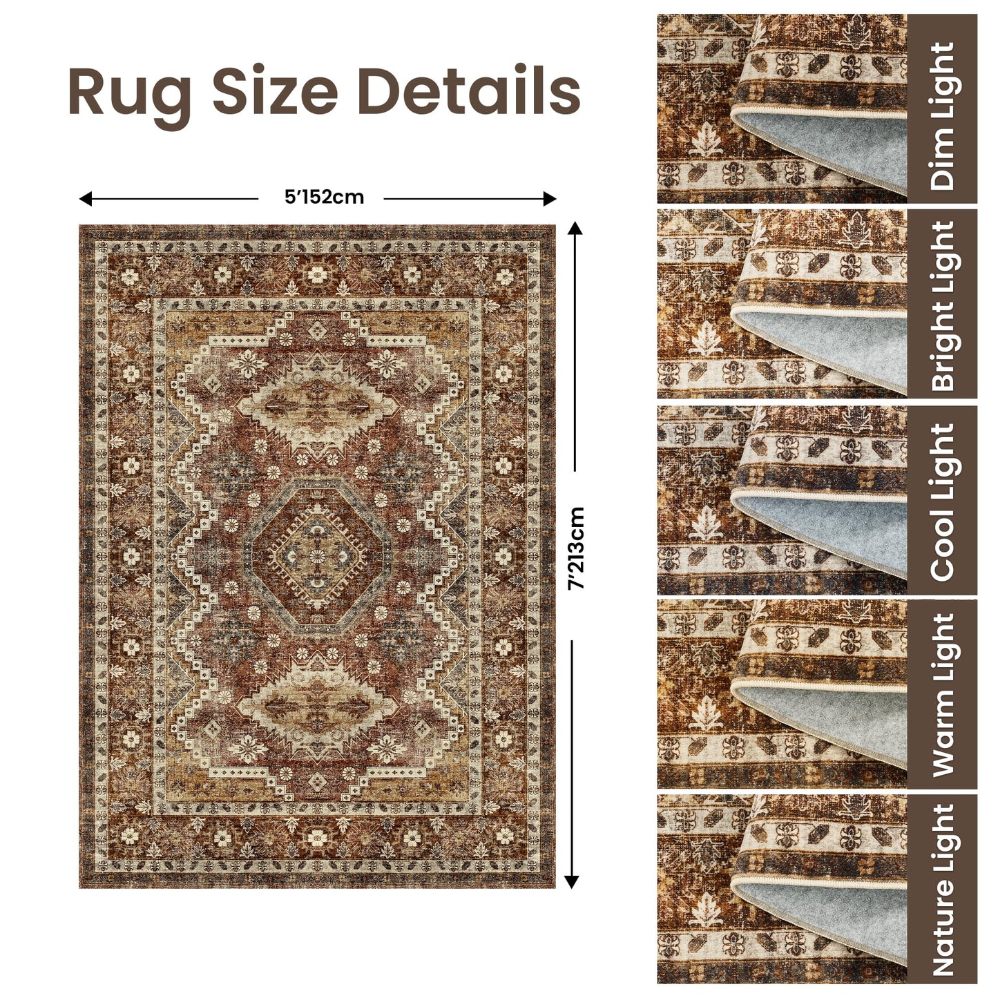 Rugland 5x7 Area Rugs - Stain Resistant Washable Rug, Anti Slip Backing Rugs for Living Room, Vintage Tribal Area Rugs (TPR07-Rust, 5'x7')