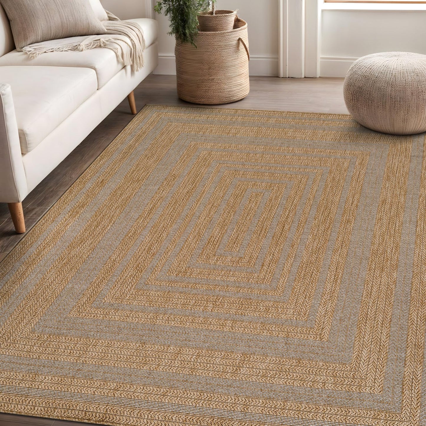 Beverly Rug Easy Jute Framed Border Rug 6x9 Washable Durable Indoor Outdoor Area Rugs for Living Dining Room Patio Office Stain Resistant Non Shedding Casual Indoor Outside Carpet 6 x 9 Natural