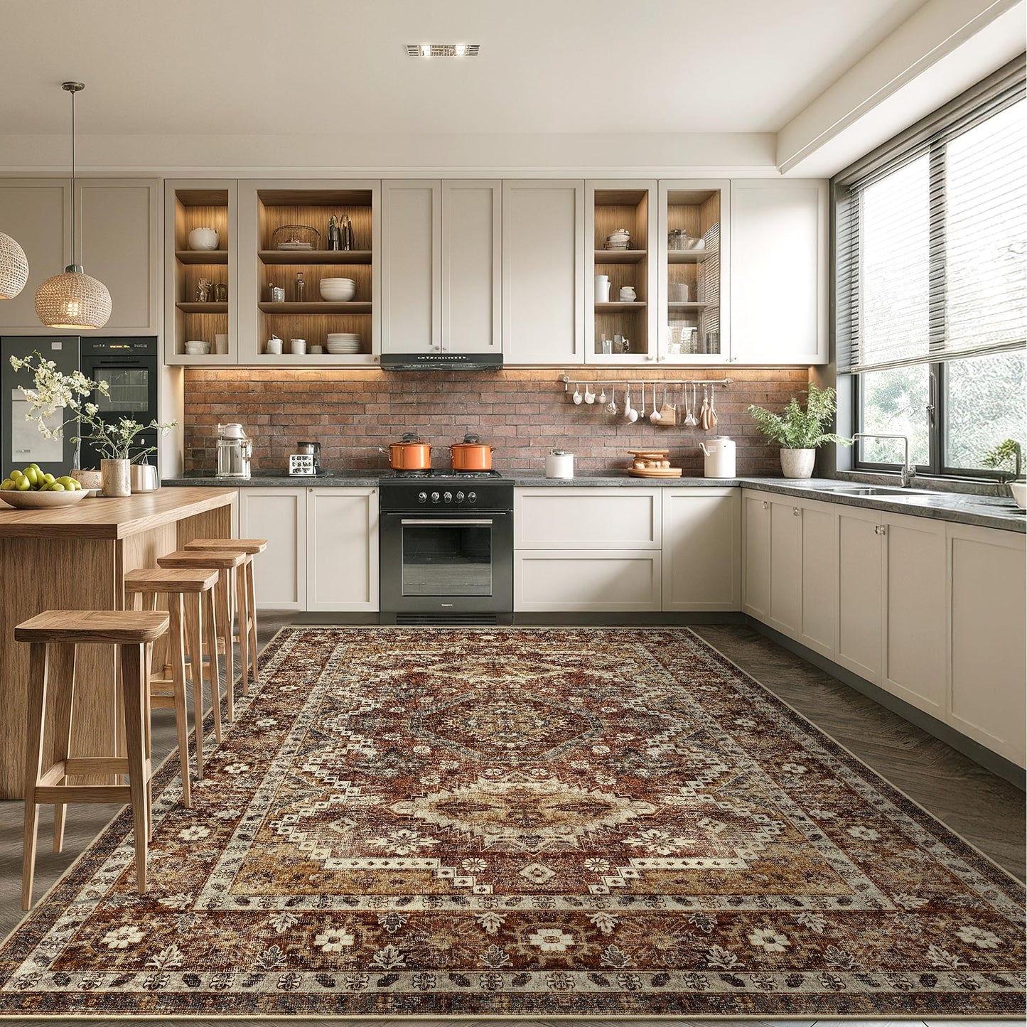 Rugland 5x7 Area Rugs - Stain Resistant Washable Rug, Anti Slip Backing Rugs for Living Room, Vintage Tribal Area Rugs (TPR07-Rust, 5'x7')