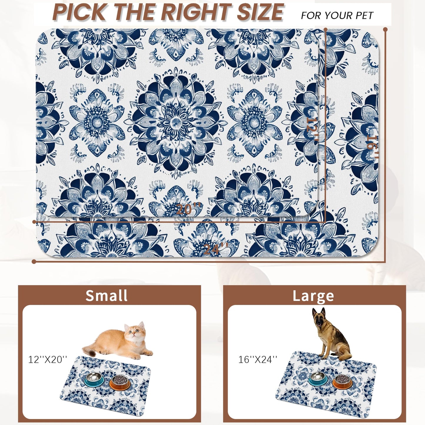 Mandala Flower Dog Food Mat for Floors,Blue Boho Floral Absorbent Quick-Dry Pet Feeding Mat,Cat Dog Bowl Mats for Food and Water,Non-Slip Pet Accessories Supplies 12"x20"