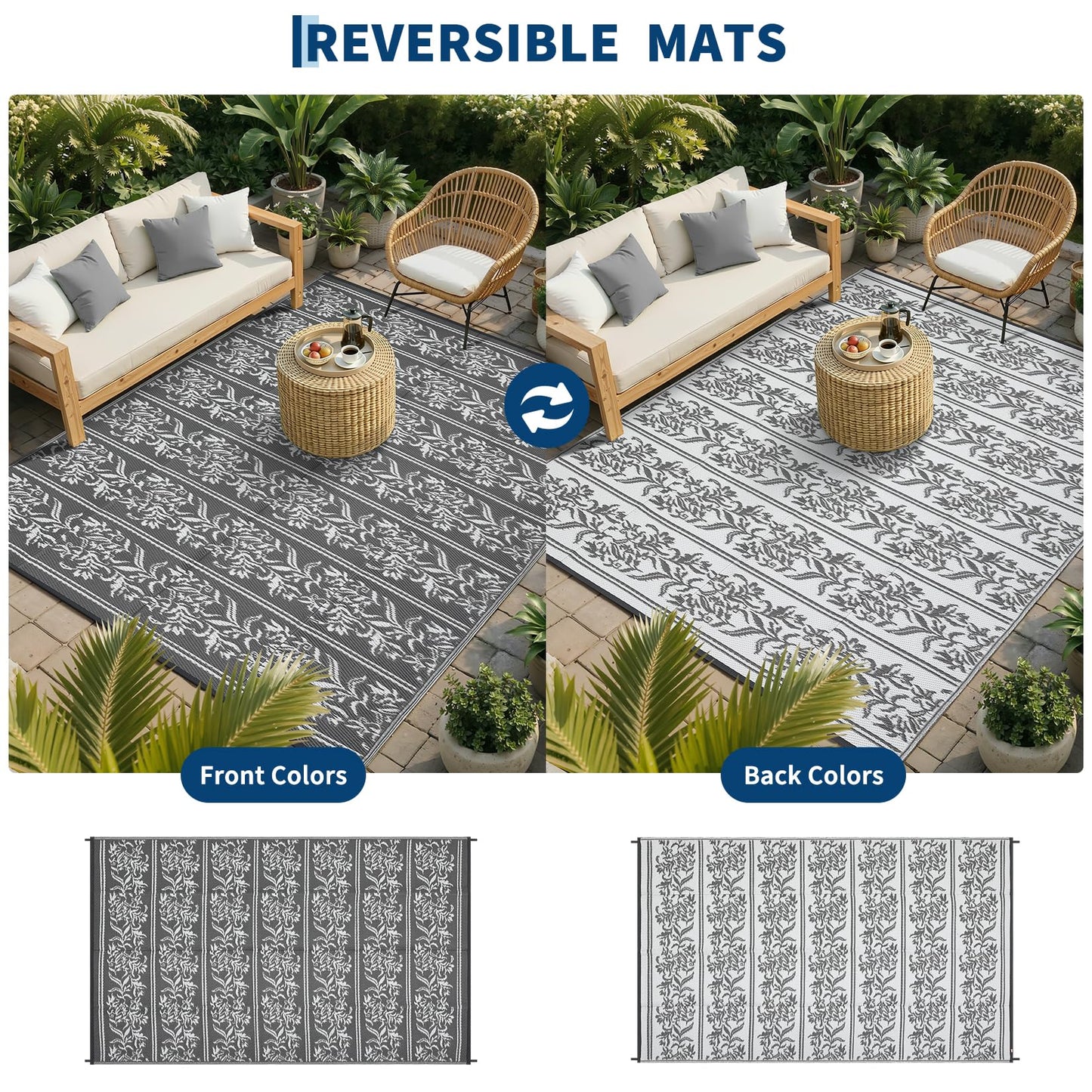 Garvee Outdoor Rugs 5x8 Waterproof Reversible Mat Boho Leaf Patio Rug with 4 Stakes and Starage Bag, Large Outdoor RV Mat Rugs for Camping, Picnic, Balcony, Deck, Backyard, Grey & White