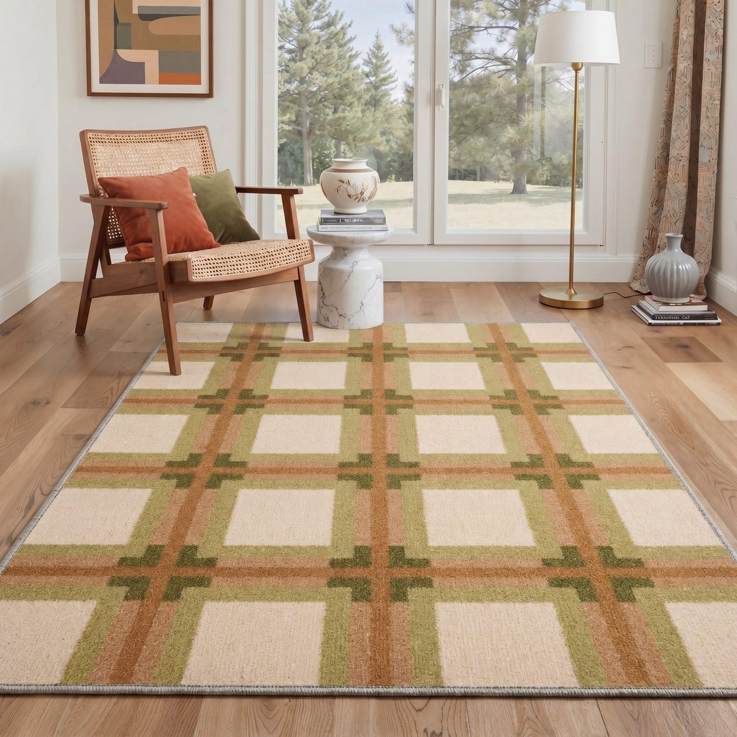 Bavni 5X7 Area Rugs, Minimalist Geometric Grid Low Pile Non Slip Machine Washable Stain Resistant Indoor Rug for Living Room Bedroom Dining Room Home Office, Olive Caramel