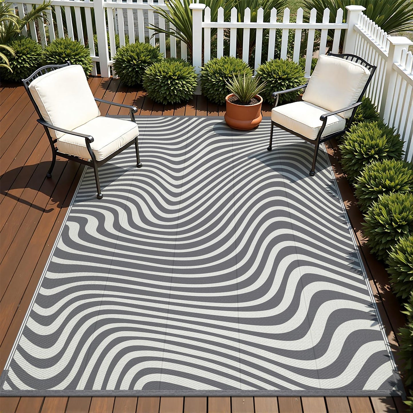 Vaukki Outdoor Patio Rug 5x8, Waterproof Woven Plastic Straw Camping Area Mat, Grey RV Striped Outside Reversible Carpet Clearance for Porch Backyard Deck Balcony