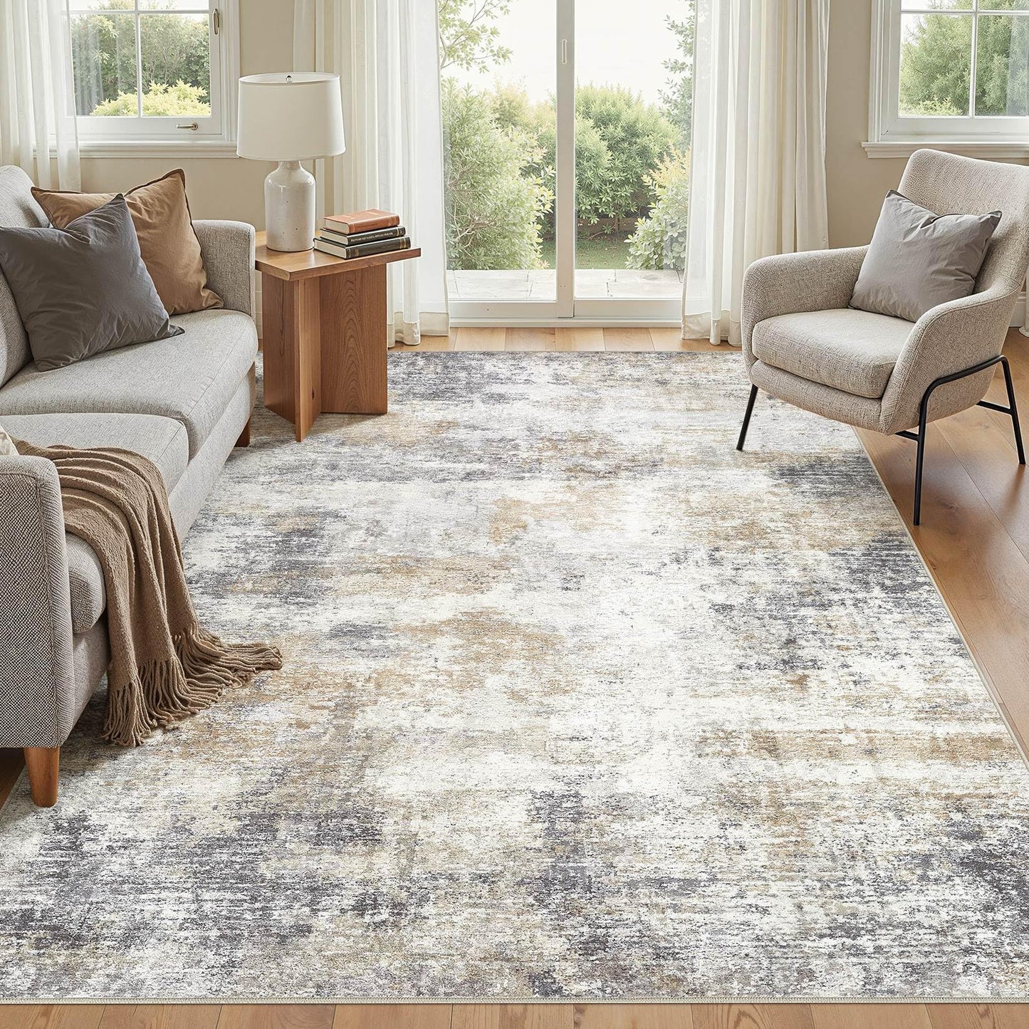 10x12 Area Rugs for Living Room - Washable Neutral Modern Abstract Rug Soft Non-Slip Stain Resistant Carpet for Bedroom Dining Table Nursery Farmhouse Home Office Decor- GoldBrown