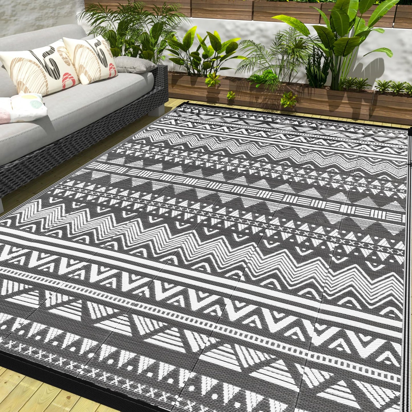 Outdoor Patio Rugs 8x10 Waterproof Outdoor Plastic Straw Rug Reversible Outdoor Rug 8x10 Clearance Rv Mat UV Fade Resistant ,Stain Resistant, Grey White Outside Rug for Deck,Balcony,Camping,Pool