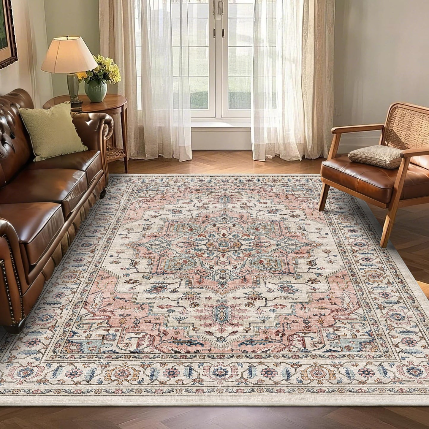 5x7 Area Rugs for Living Room Ultra-Soft Washable Rug Vintage Distressed Boho Area Rug, Non-Slip Retro Print Low Pile Stain Resistant Carpet for Bedroom Dining Room Kitchen Office