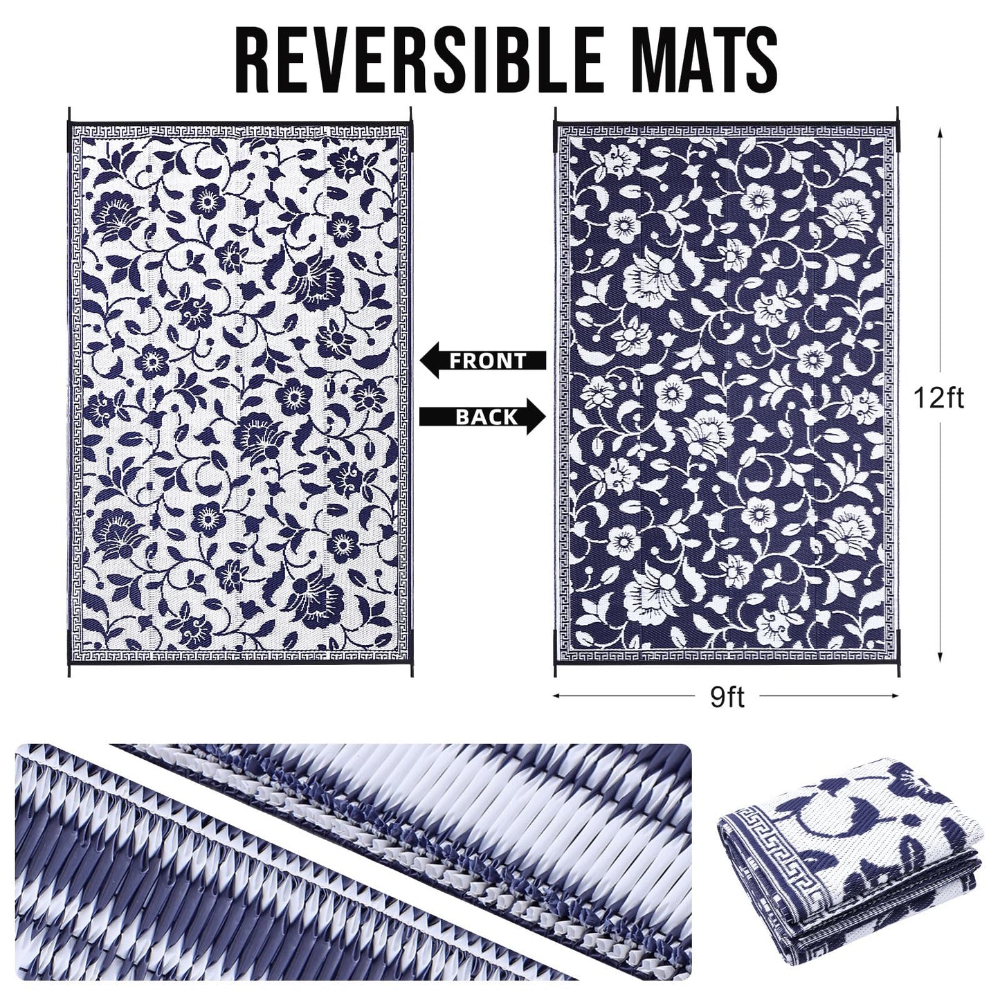 OLANLY Waterproof Outdoor Rug 9x12 ft, Outdoor Plastic Straw Rug with Flower Pattern, Reversible RV Mat for Patio, Camping, Balcony, Deck, Backyard, Navy & White