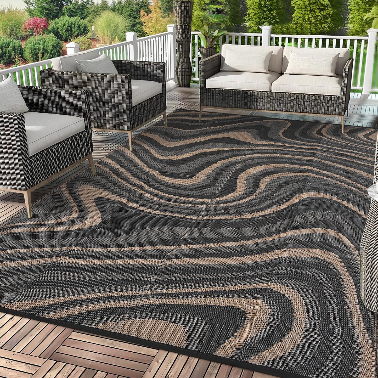 MilleLoom Patio Modern Abstarct Outdoor Rug 10x14 Waterproof Large Reversible Camping Mat Foldable Lightweight Plastic Straw Outdoor Rug for Deck, Camper, Balcony, Beach, Rv，Black/Gray/Brown