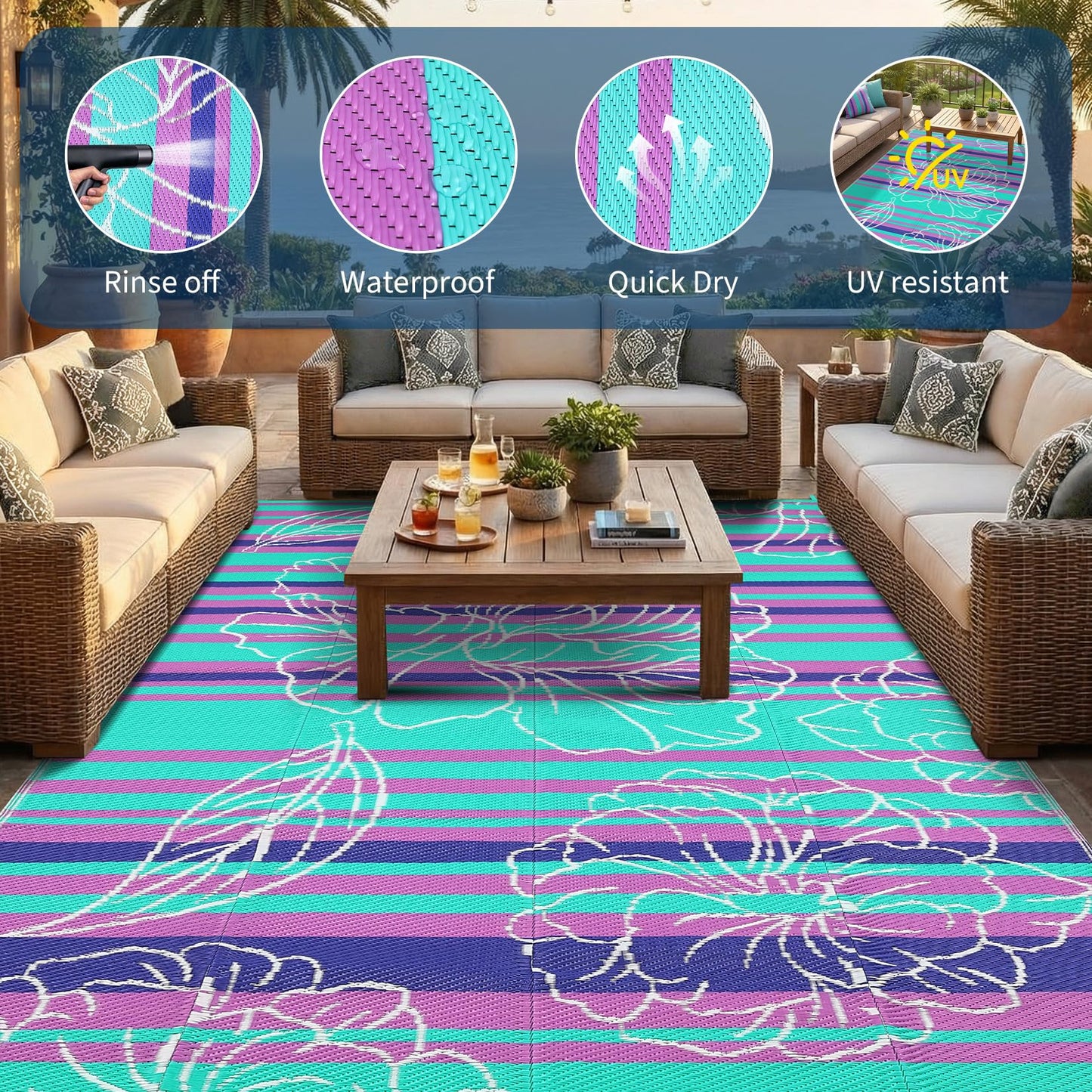 Garvee 5x8 Outdoor Waterproof Rug, Floral Outdoor Area Rug，Reversible Plastic Straw Patio Rug, Portable Camping Mat for RV, Picnic, Beach, Balcony, Garden & Camping Purple&Blue