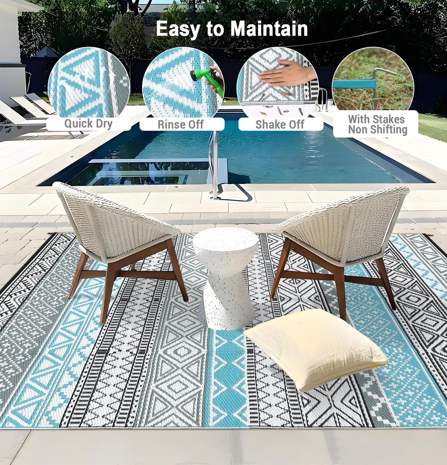 GlowSol Outdoor Rugs 9x12 Waterproof Portable Camping Carpet, Reversible Outdoor Plastic Straw Rug for Patio, RV Mat Bohemian Outdoor Rugs for Porch, Deck, Backyard, Balcony, Picnic,Blue/Grey