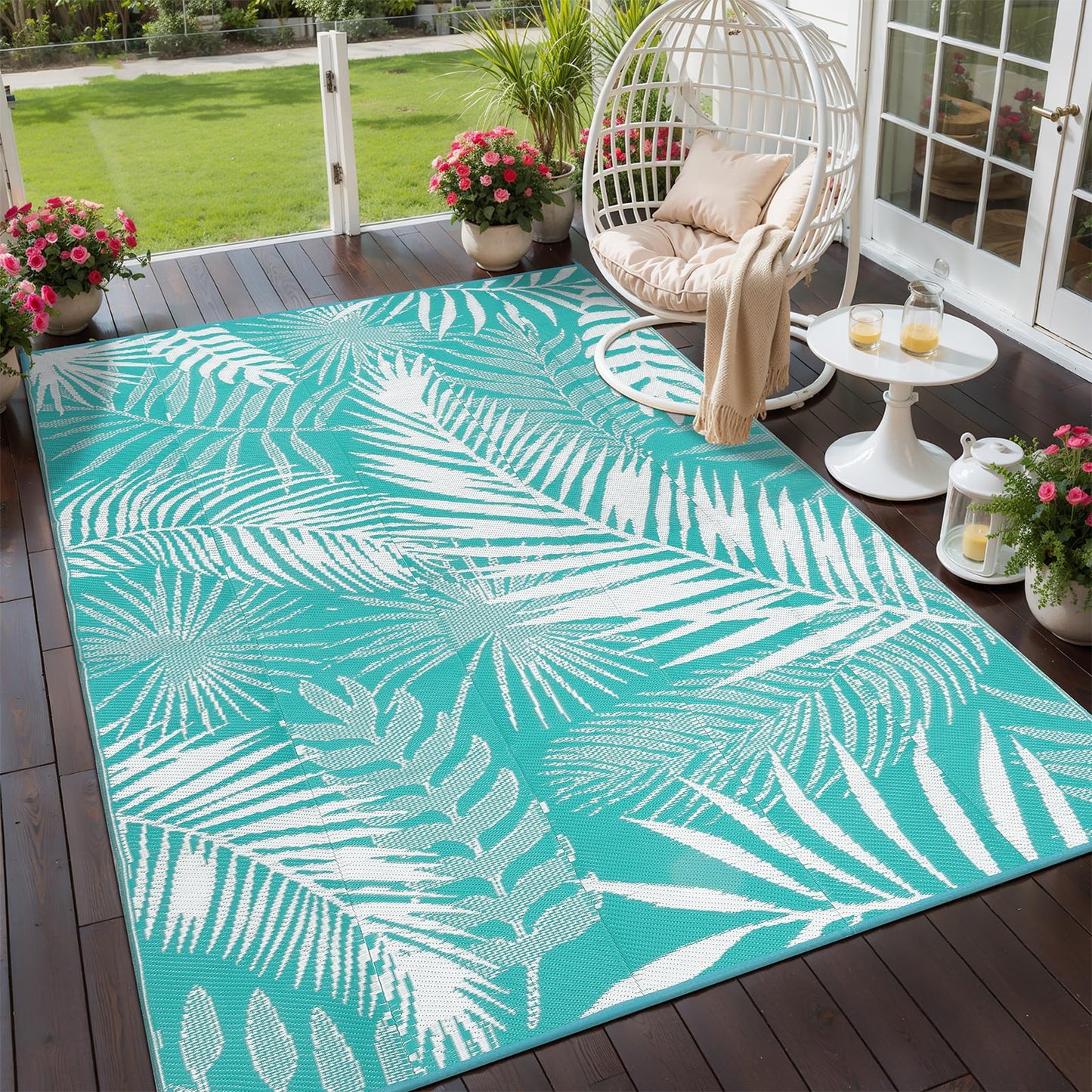 HiiARug Outdoor Rug 5x7 ft, Reversible Waterproof Plastic Straw Patio Rugs, RV Mat for Outside Quick Dry Carpet for Deck Porch Poolside Beach Camper Backyard