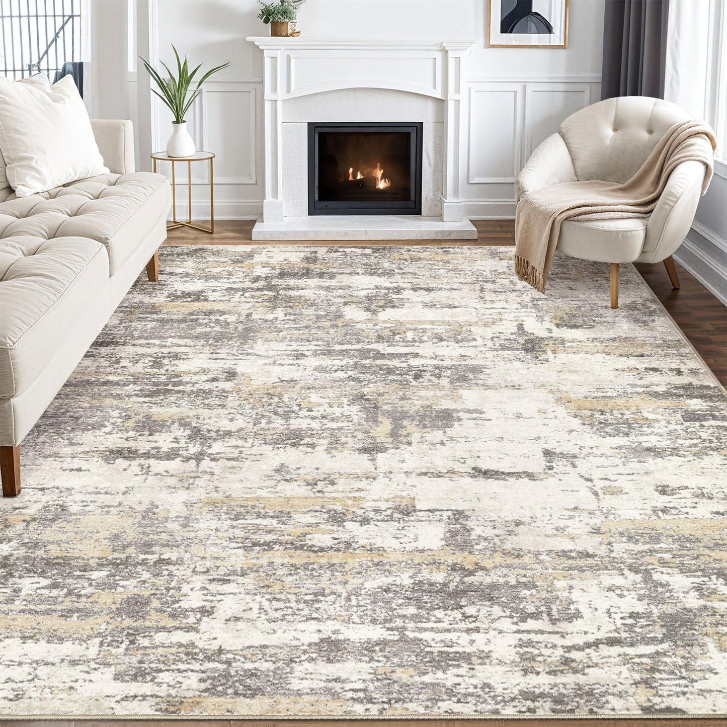 Area Rugs for Living Room: 5x7 Abstract Washable Rug Modern Neutral Large Soft Stain Resistant Non-Slip Backing Machine Table for Bedroom Dining Room Indoor Home Office Carpet - Gold Brown