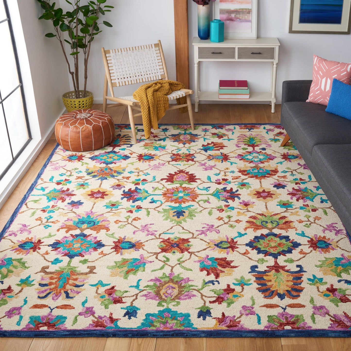 SAFAVIEH Aspen Collection Area Rug - 9' x 12', Ivory & Blue, Handmade Boho Floral Wool, Ideal for High Traffic Areas in Living Room, Bedroom (APN509A)