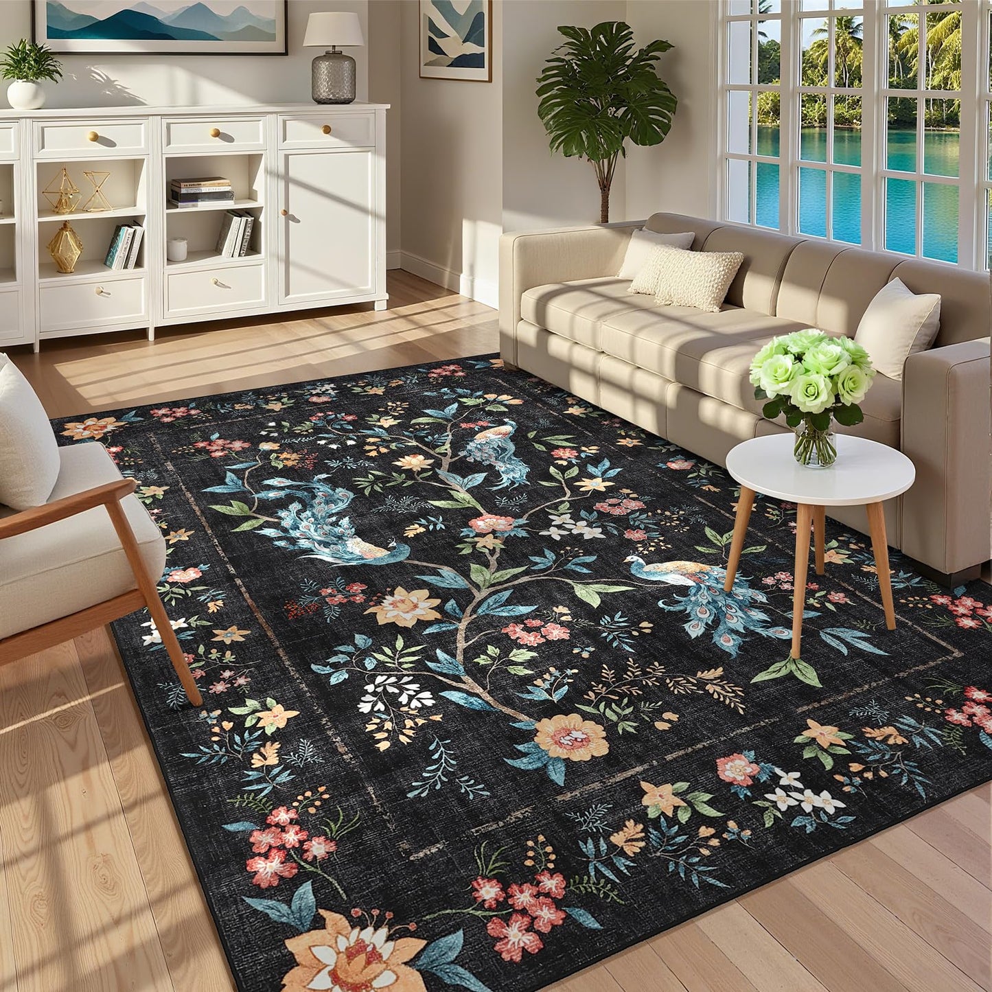 GarveeHome 5x7 Area Rug Floral Peacock Black Washable Rugs for Living Room Bedroom, Soft Low Pile Non Slip Accent Floor Mat Animal Print Throw Rug Indoor Carpet Dining Room Playroom