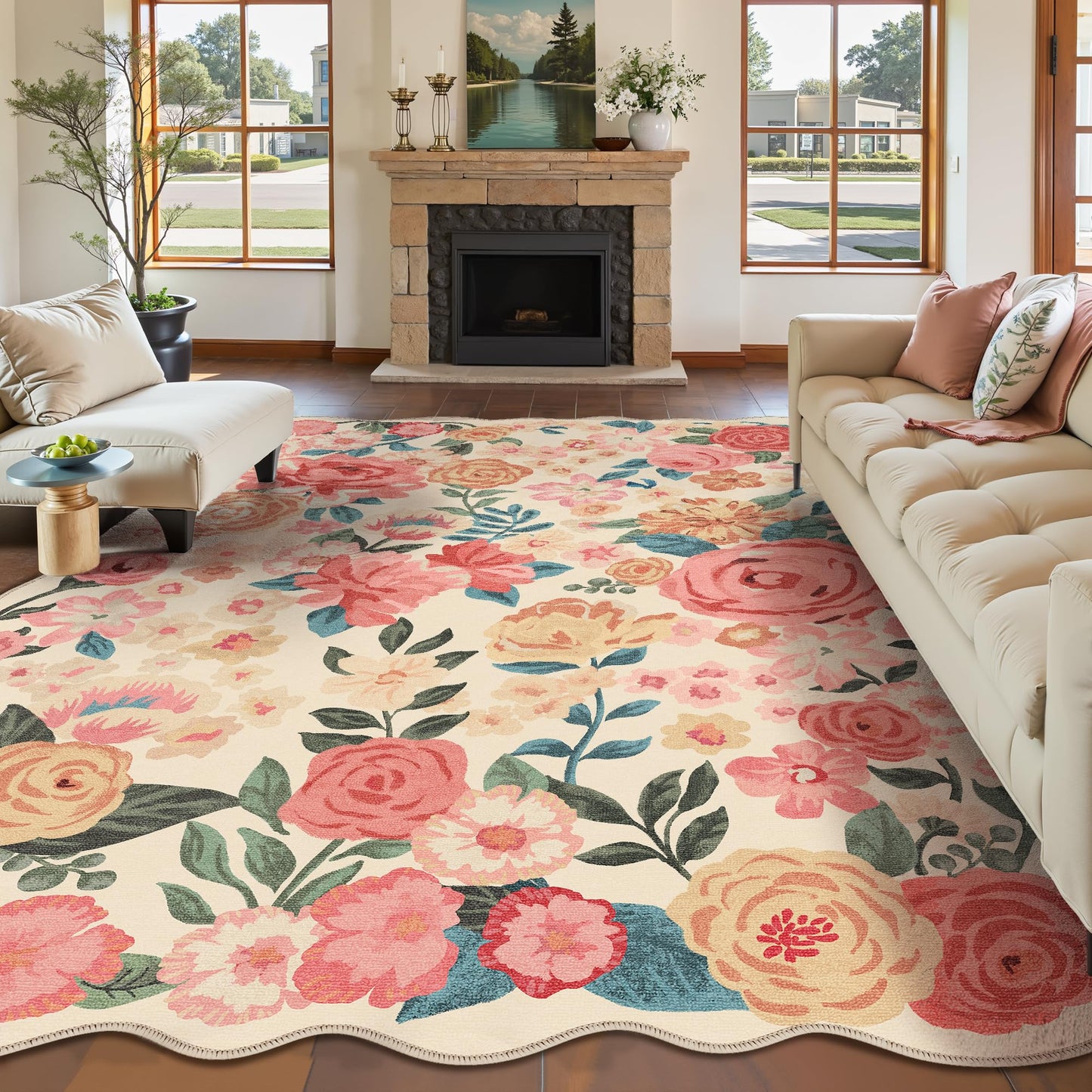 PureCozy Washable Floral Area Rug 8x10 Beige Living Room Large Carpet Bedroom Scalloped Flower Non Slip Soft Throw Rug Farmhouse Low Pile Thin Indoor Floor Cover for Dining Room Office