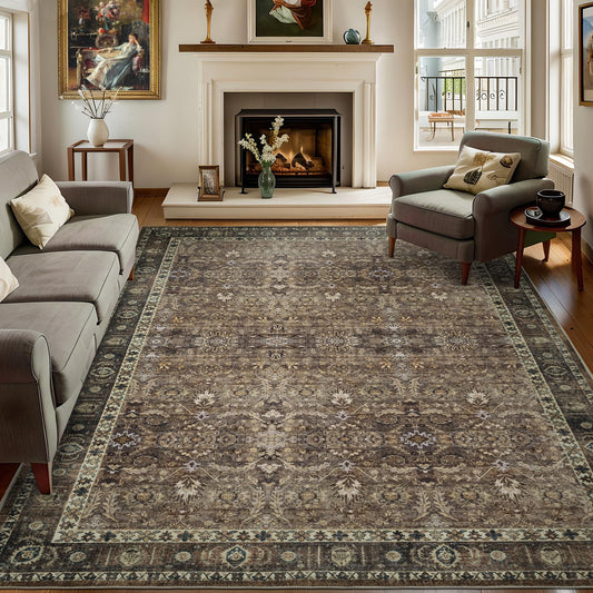 Dotiiorug 5x7 Vintage Washable Area Rug for Living Room,Non Slip Boho Carpet Non-Shedding Area Rug Soft Indoor Stain Resistant Rug Floral Print Mat for Bedroom Dining Room Brown Floral