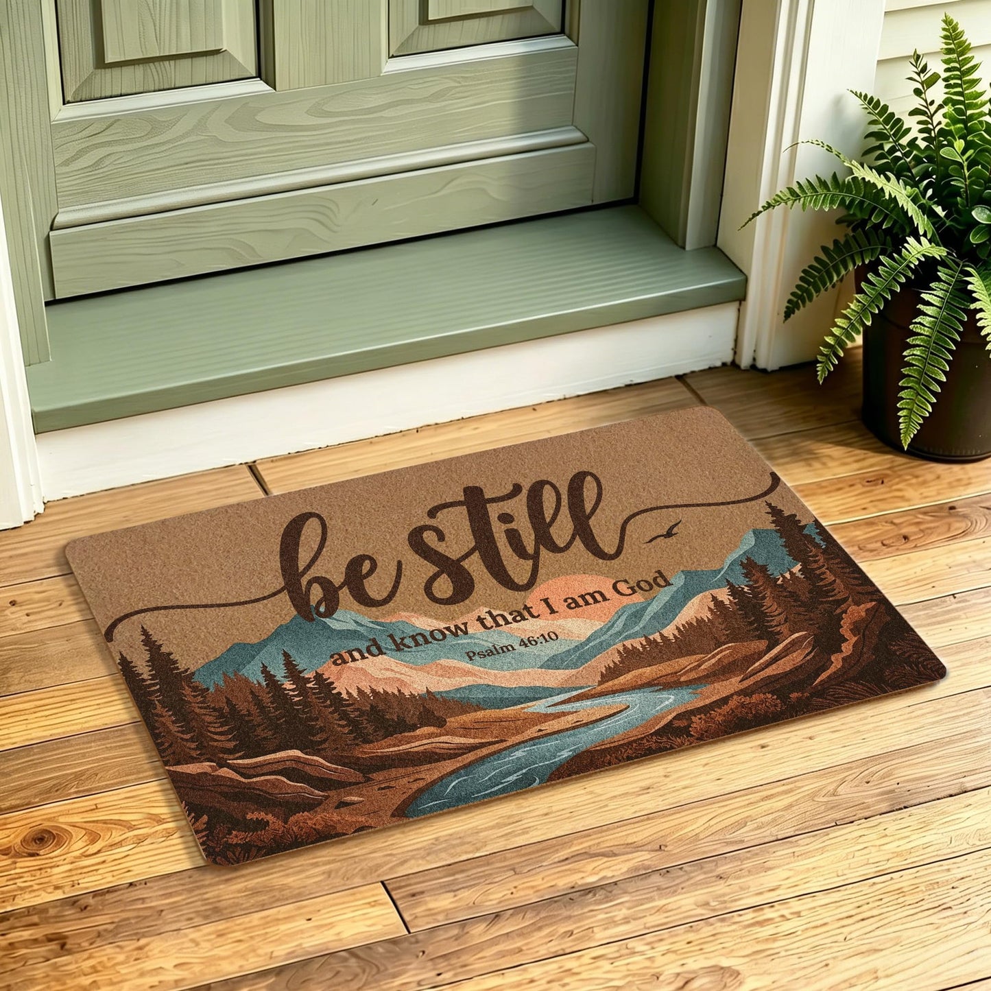 Dwept Christian Mountain Landscape Door Mat, Be Still and Know that I am God Bible Verse Religious Faux Coir Doormat Welcome Mats Outdoor Indoor Entrance Front Door Porch Entryway, 17x30 Inches